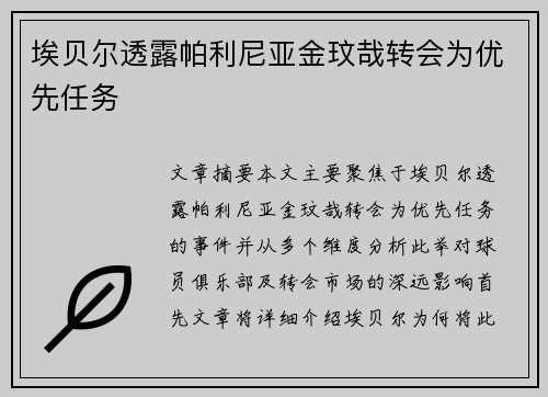 埃贝尔透露帕利尼亚金玟哉转会为优先任务