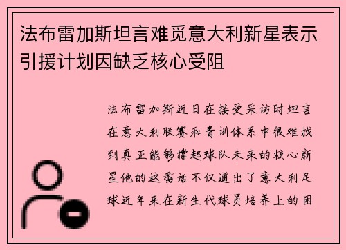 法布雷加斯坦言难觅意大利新星表示引援计划因缺乏核心受阻